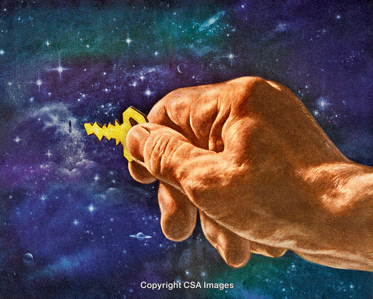 Hand Holding Key Against Vibrant Cosmic Space Background Exploring Metaphysical Concepts