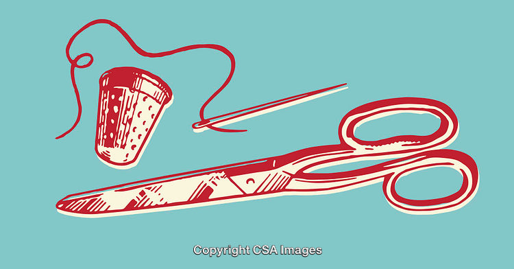 Colorful Line Illustration Featuring Sewing Tool Essentials on Teal Background