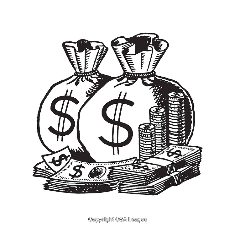 Black and White Illustration of Money Sacks Stack and Coins