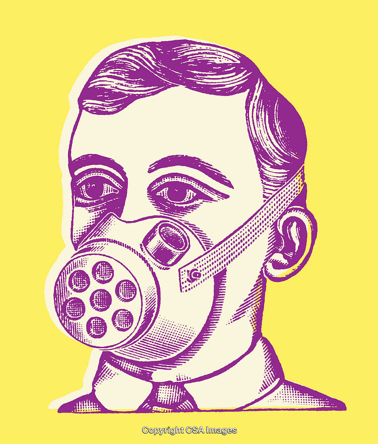 Retro Style Illustration of Masked Figure in Purple and Yellow Tones