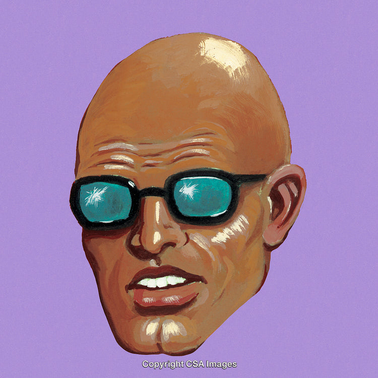 Unique Illustration of a Bald Figure With Sunglasses on Purple Background