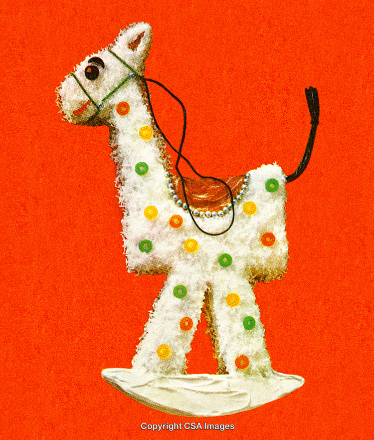 Colorful Handmade Rocking Toy Horse on Vibrant Red Background