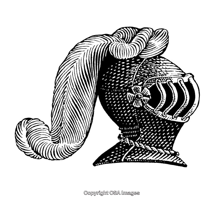 Detailed Black and White Knight Helmet with Plume Illustration