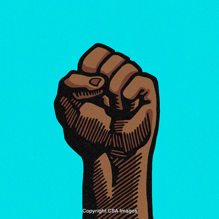 Raised Clenched Fist Symbol on Bright Blue Background in Vintage Style