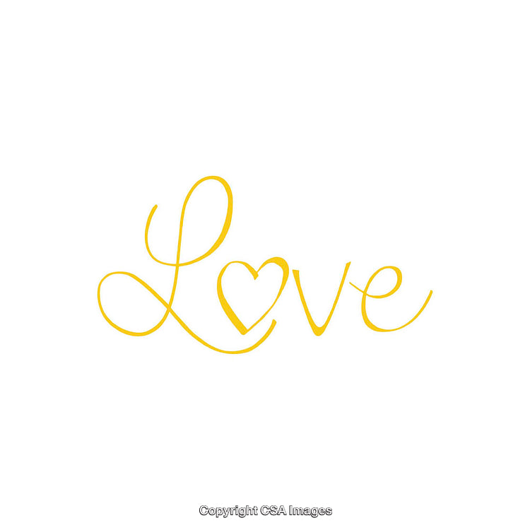 Yellow Calligraphic Love Text with Heart on White Background