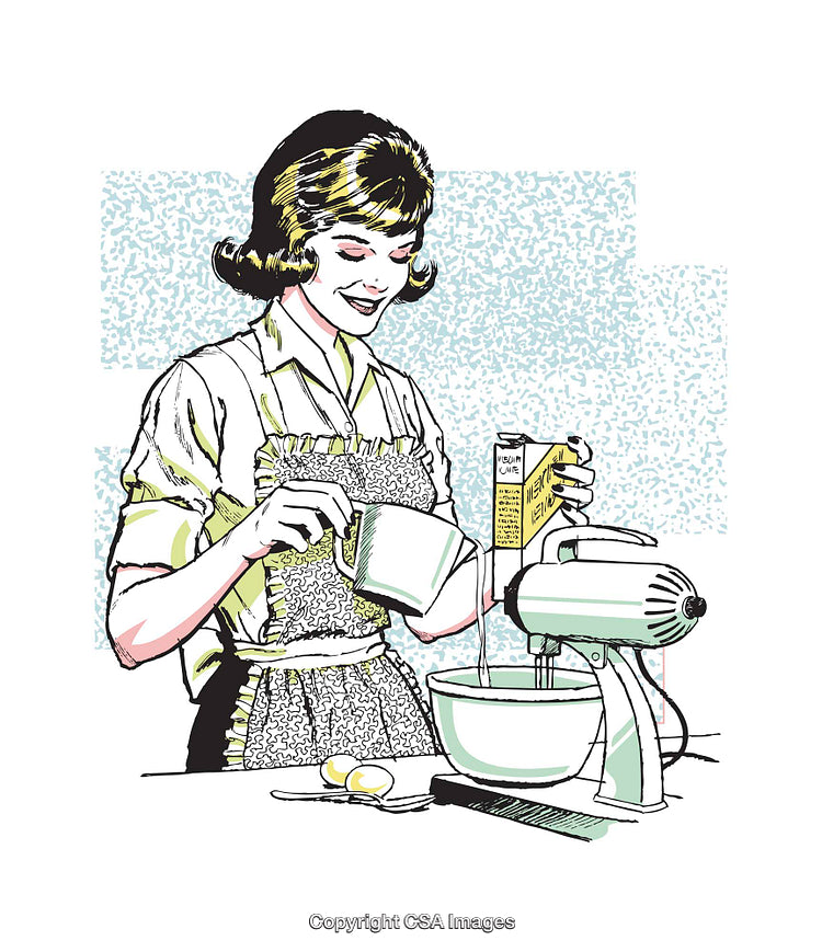 Retro Style Woman Preparing Batter Using Mixer in a Cheerful Kitchen Scene