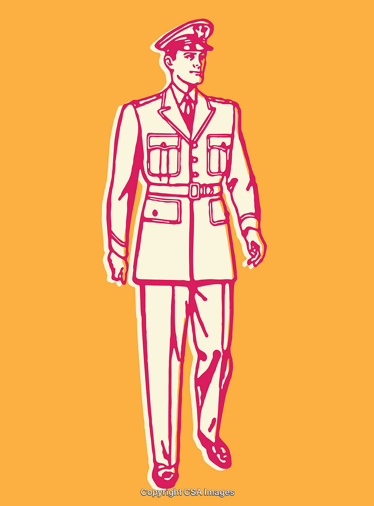 Stylized Line Art Illustration of a Uniformed Military Officer on Bold Background