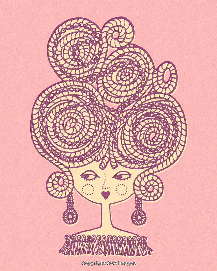 Whimsical Female Illustration Featuring Intricate Swirling Patterns on Pink Background