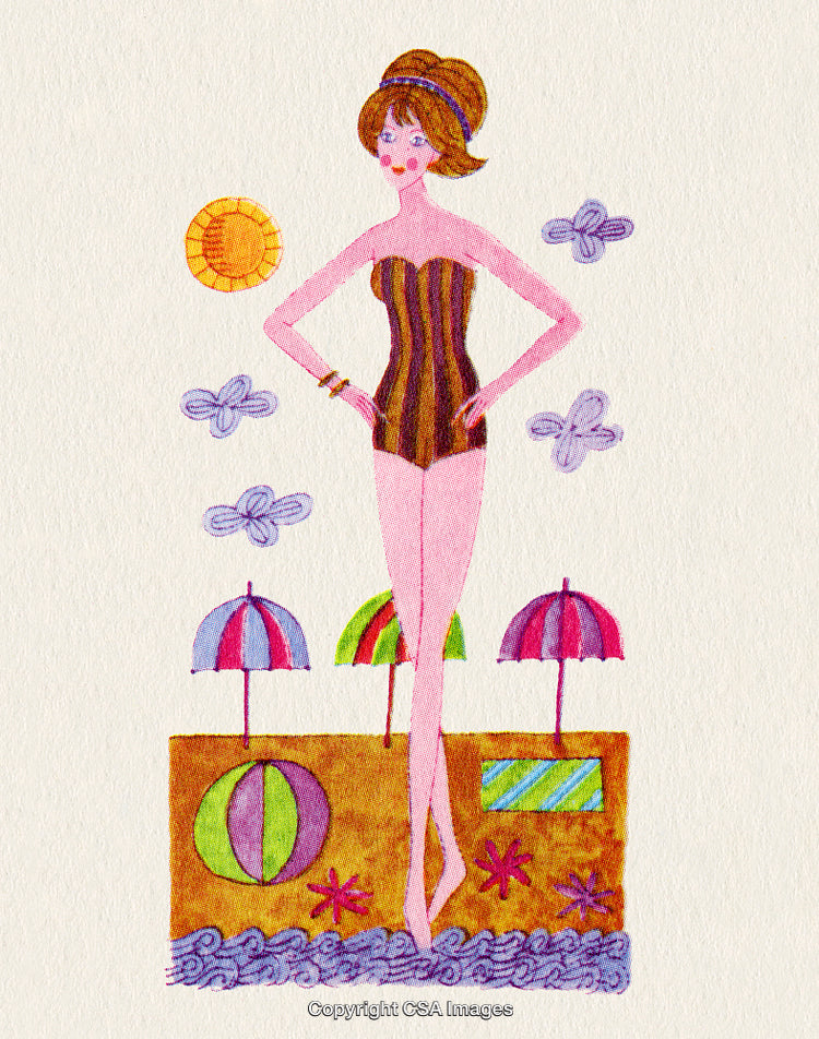 Vintage Illustration of a Woman Relaxing at Beach with Summer Elements