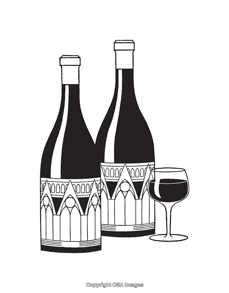 Black and White Illustration of Wine Bottles with Decorative Labels