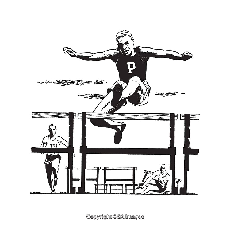 Illustrated Track Athlete Hurdling in a Black and White Scene