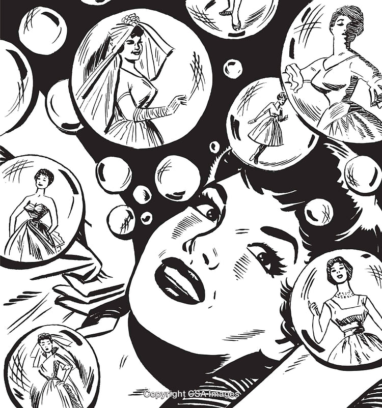 Retro Illustration with Women in Bubbles Representing Memories or Daydreams