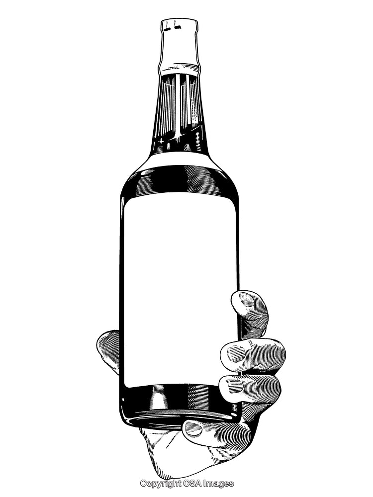 Intricate Black and White Engraving of a Hand Holding a Labeled Bottle