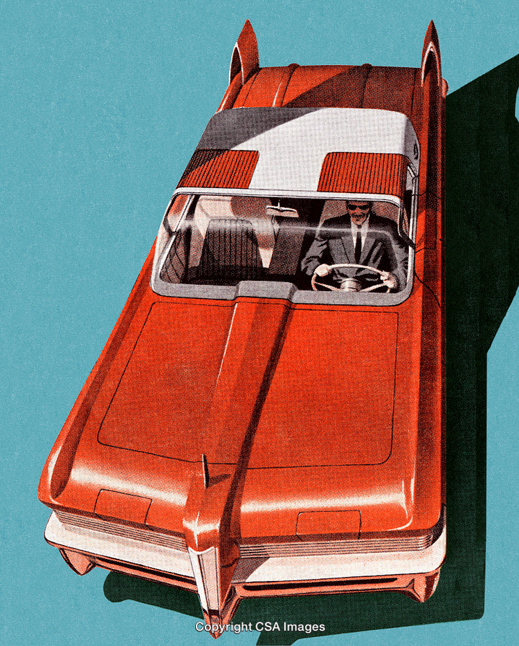Stylish Retro Car Artwork Featuring a Driver in a Unique Perspective