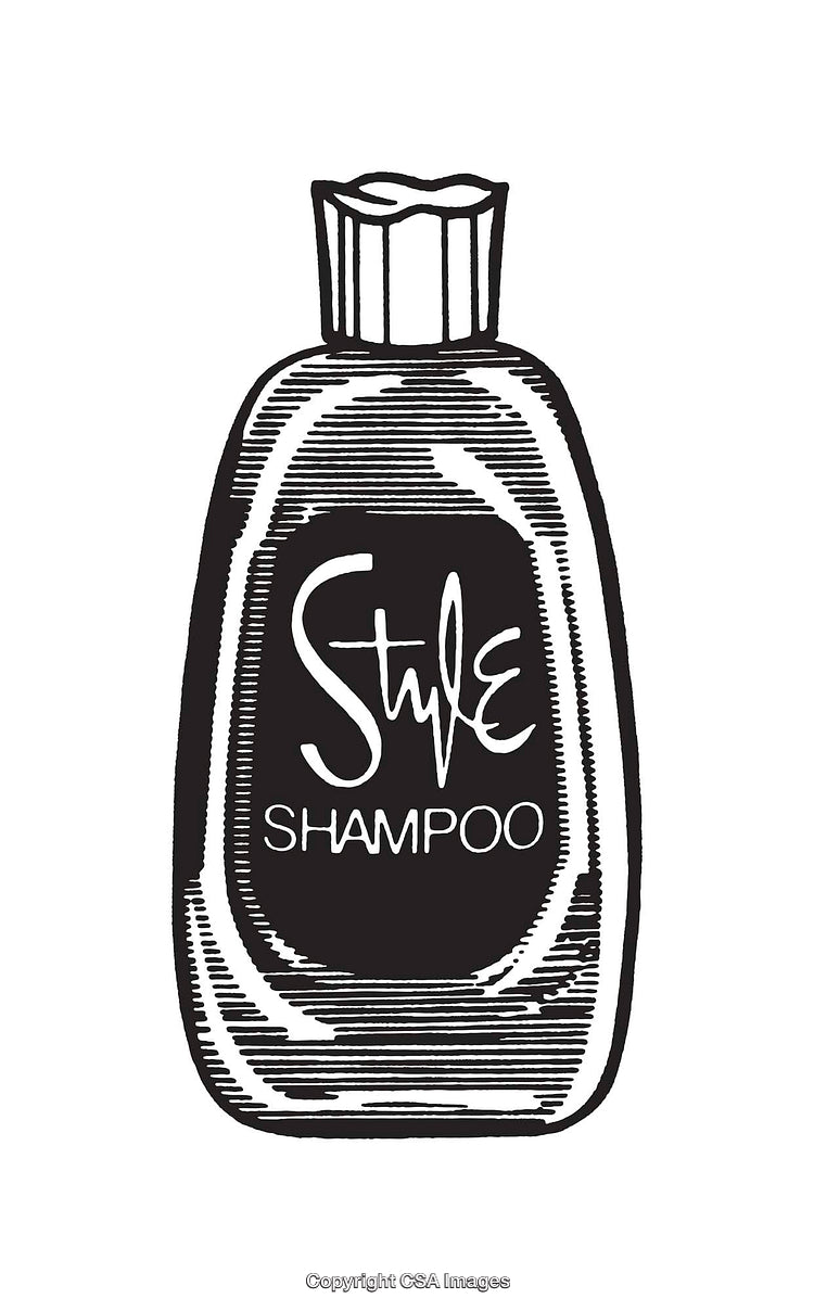 Black And White Line Art Illustration of a Shampoo Bottle with Style Label