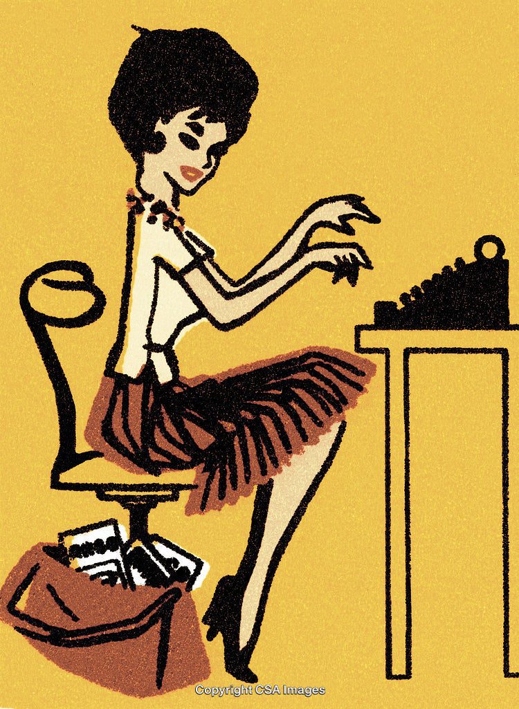 Retro Illustration of Typing Woman Sitting at Desk with Typewriter