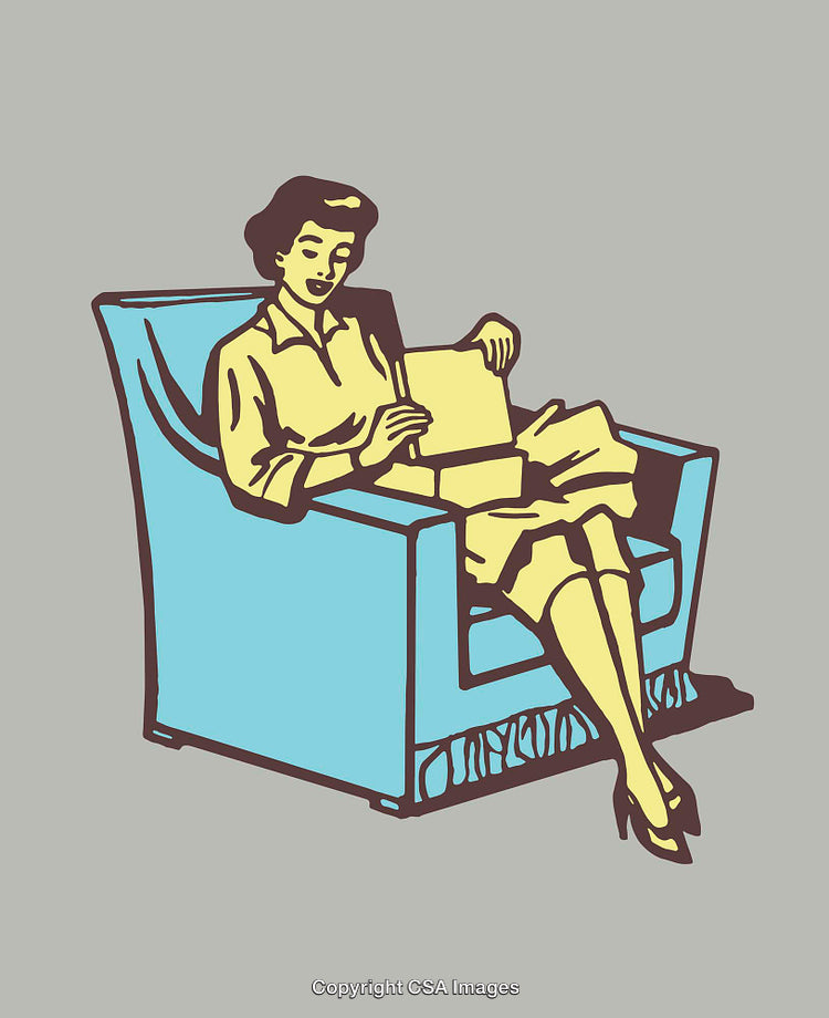 Retro Style Illustration of Woman Relaxing in Chair and Reading