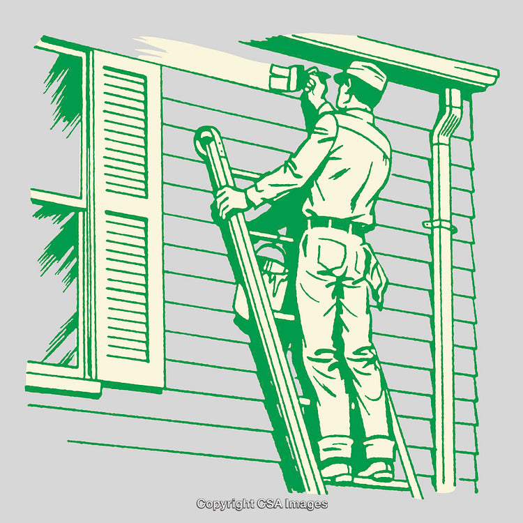 Worker Painting House Exterior Using Ladder in Color Line Art Illustration