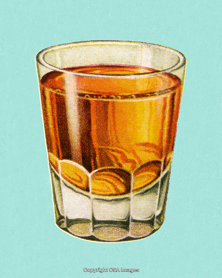 Vintage Illustration of a Whiskey Glass on a Light Blue Background