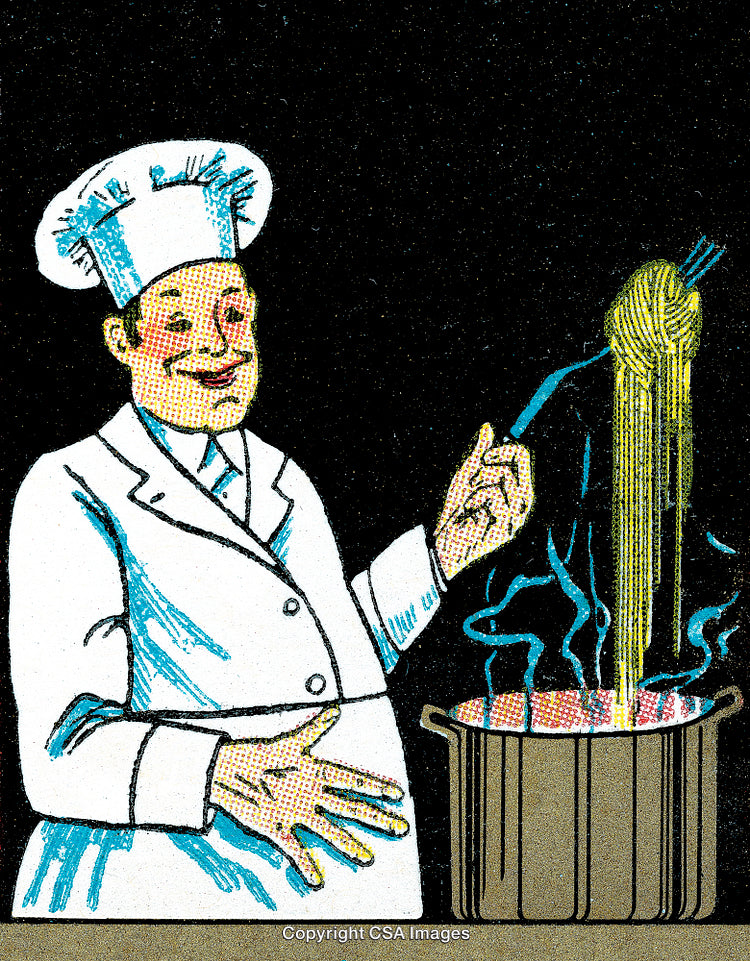 Retro Styled Chef Cooking Spaghetti in Boiling Pot on Stove