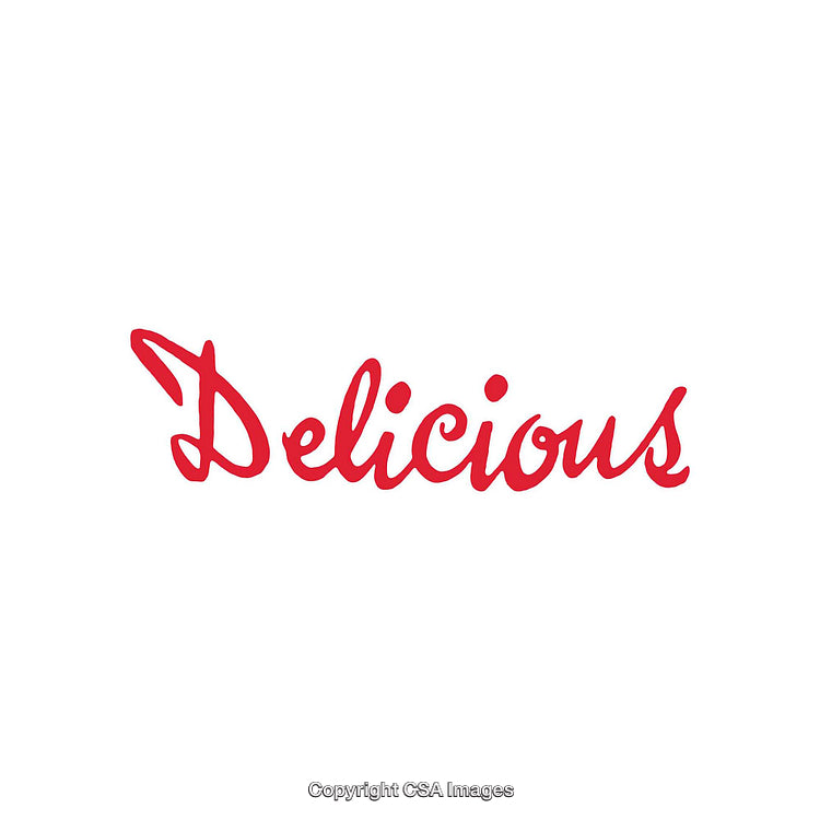 Red Script Font Displaying the Word Delicious on White Background