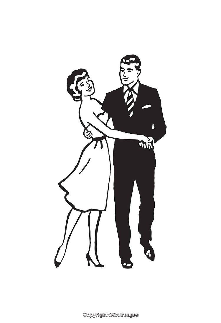 Retro Couple Dancing Together in Vintage Line Art Style