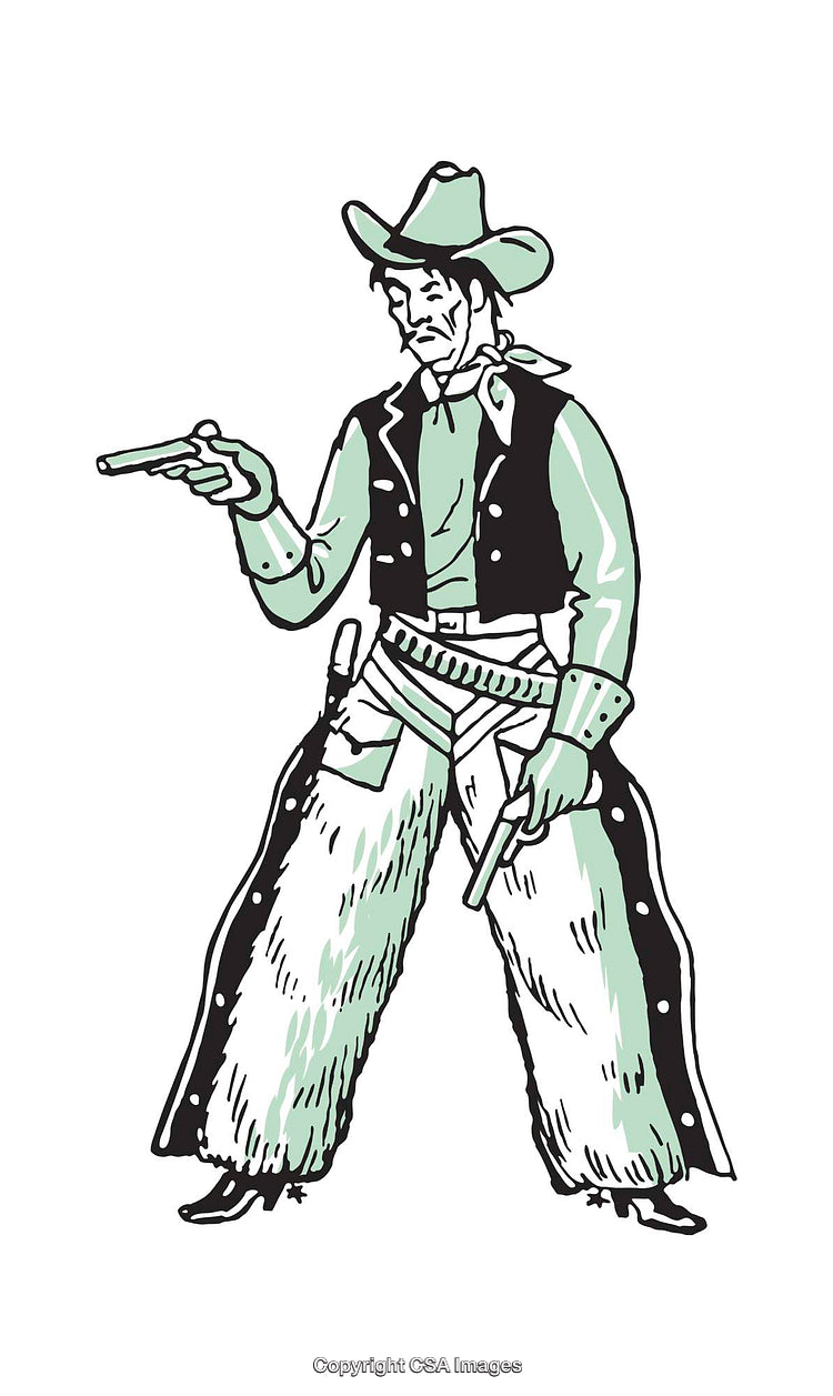 Colorful Illustration of a Western Cowboy Holding Dual Revolvers