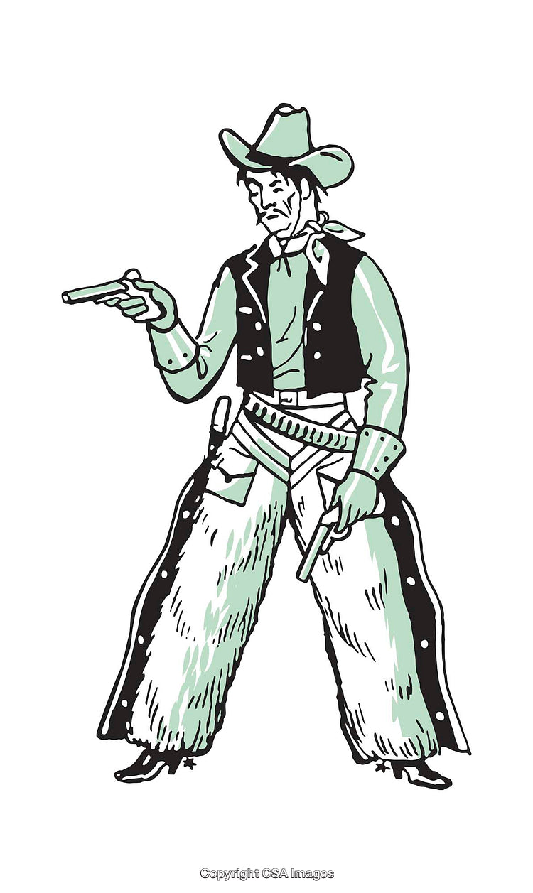 Colorful Illustration of a Western Cowboy Holding Dual Revolvers