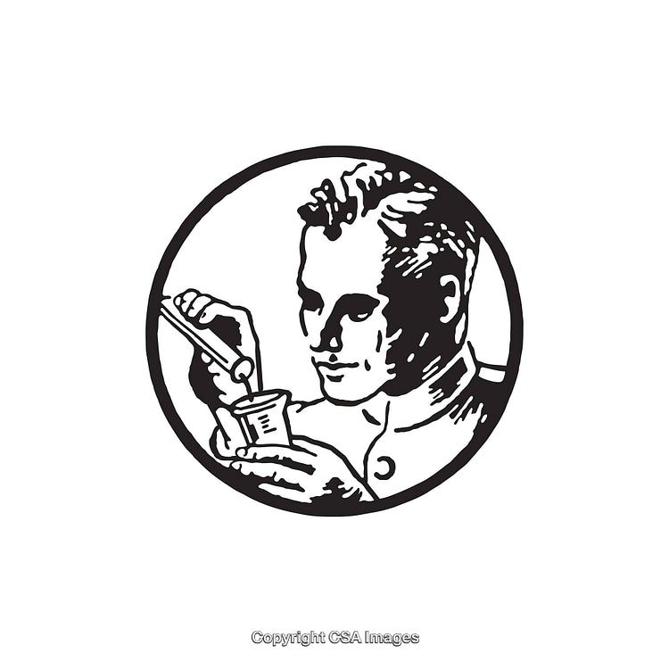 Black and White Line Art of Scientist with Beaker in Circle
