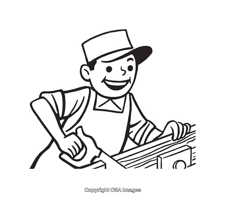 Happy Worker Operating Machine in Retro Line Art Illustration