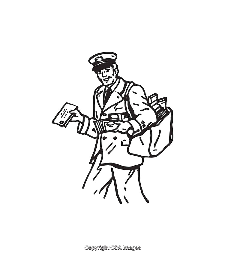 Vintage Black and White Illustration of a Postal Worker Delivering Mail