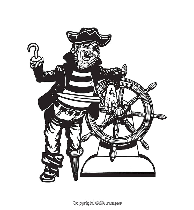 Black and White Line Art Illustration of a Pirate with Ship Wheel