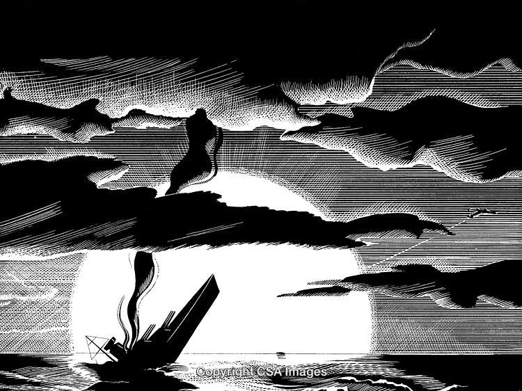 Dramatic Black and White Engraving of a Sinking Ship at Sunset