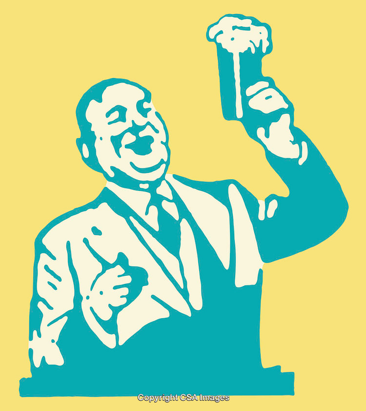 Illustration of a Man Joyfully Holding a Mug of Beer