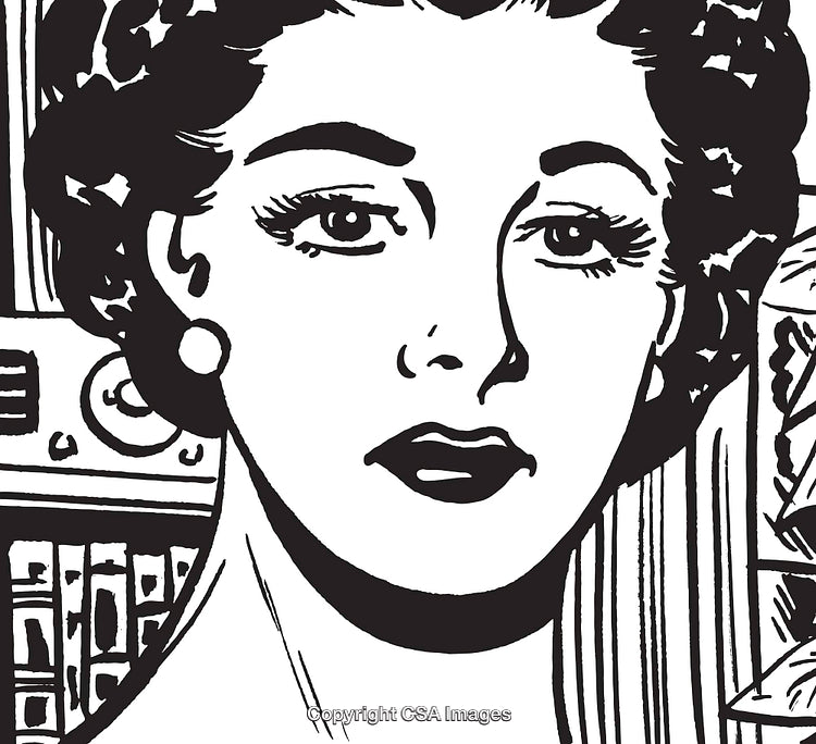 Retro Black and White Illustration of a Woman's Face with Book Background