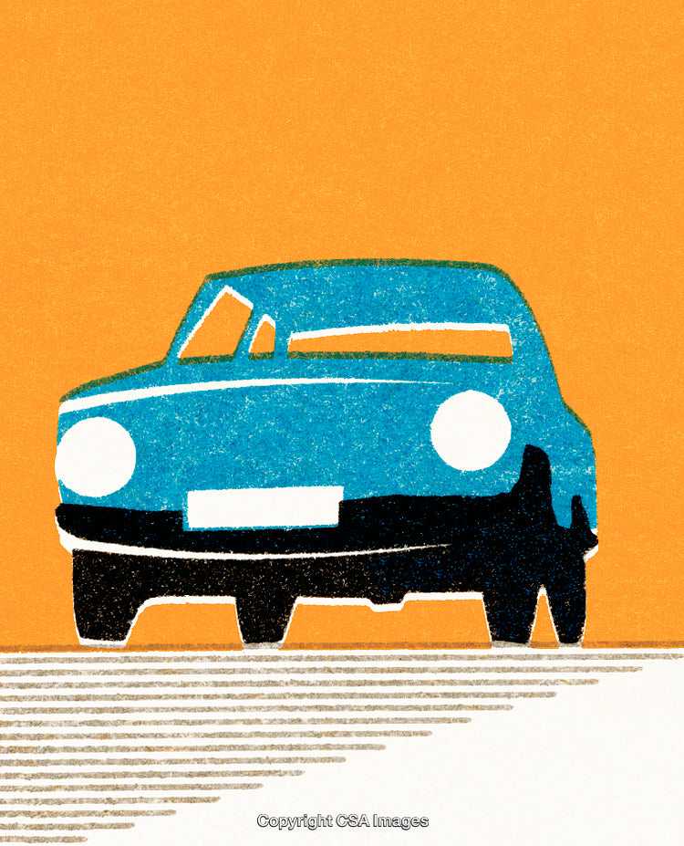 Vintage Blue Car Illustration on Vibrant Orange Background