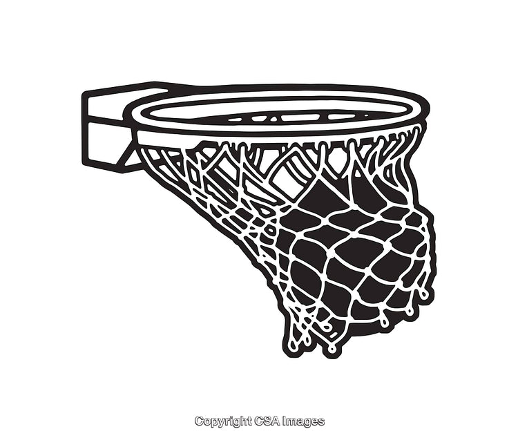 Black and White Line Art Illustration of a Basketball Hoop and Net