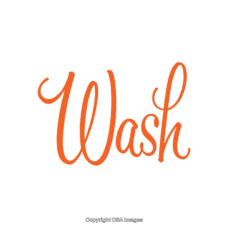 Handwritten Script Text Reading 'Wash' in Vibrant Orange on White Background