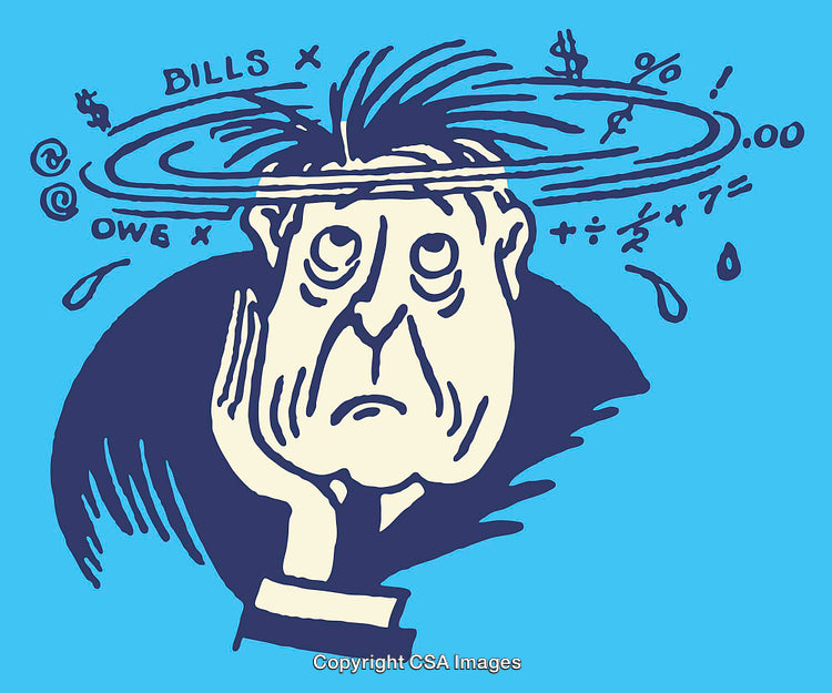 Cartoon Illustration of a Stressed Person Overwhelmed by Finances
