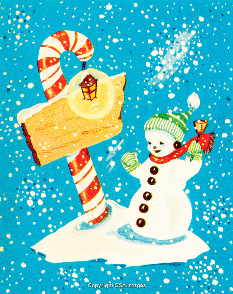 Cheerful Snowman With Candy Cane Post in a Snowy Christmas Scene