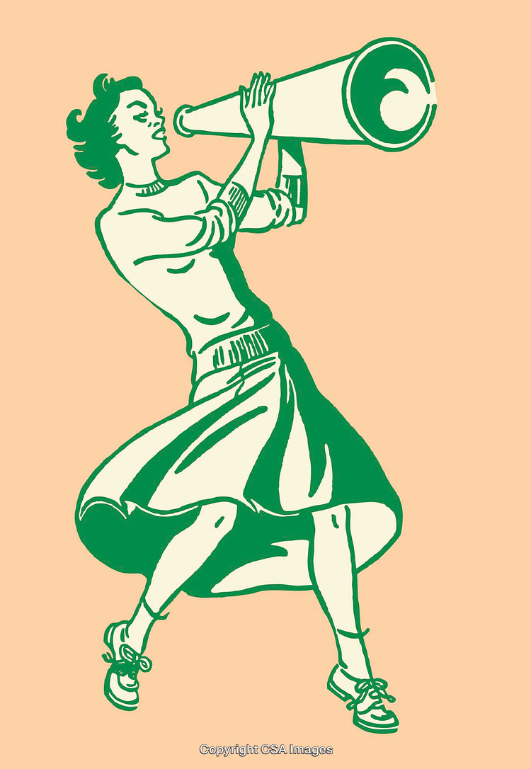 Retro Cheerleader Illustration with a Megaphone in Green and Beige Colors