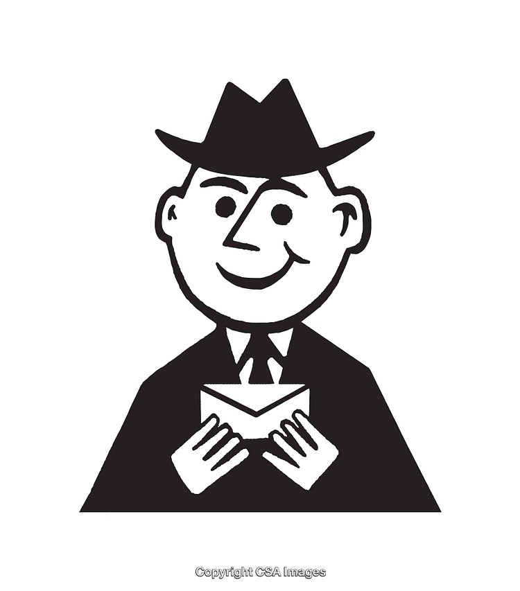 Retro Style Black and White Illustration of a Smiling Man Holding an Envelope