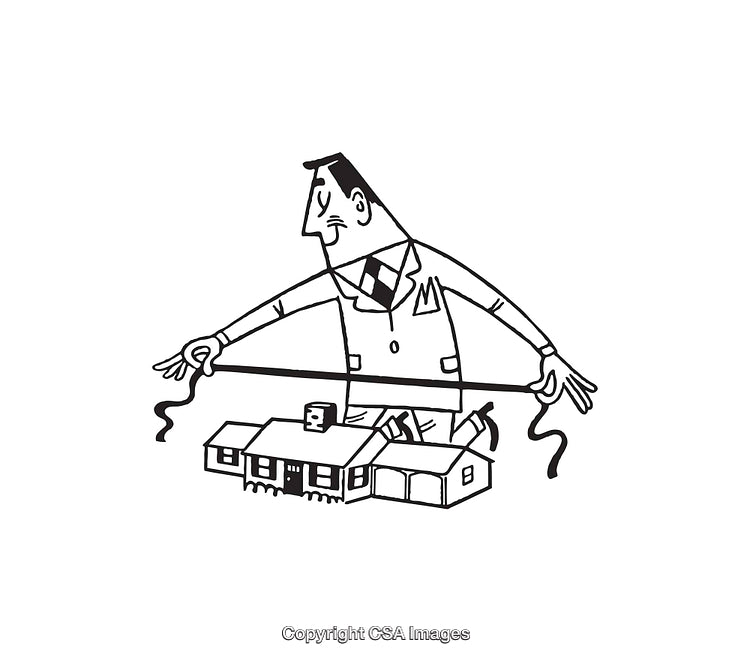 Black and White Illustration of Man Overseeing Small House Models