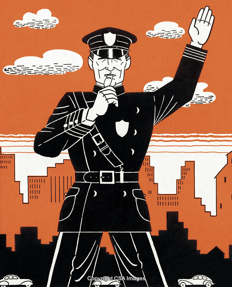 Retro Illustration of a Policeman Directing Traffic in a Cityscape