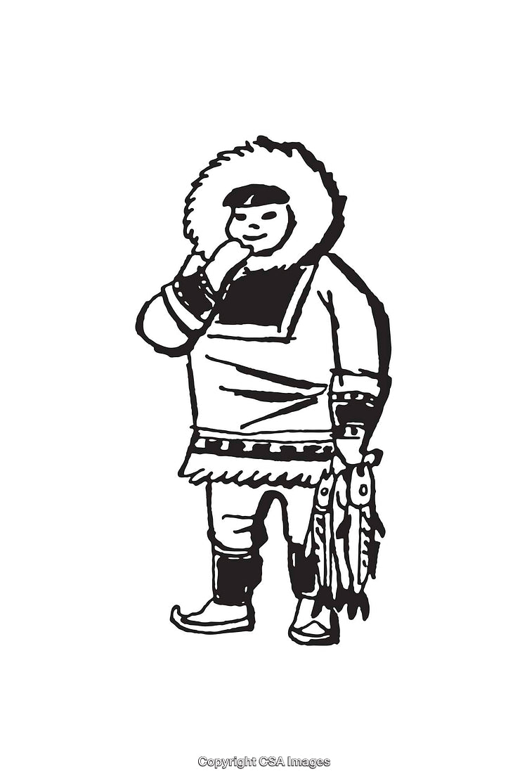 Traditional Line Art of an Individual in Arctic Clothing Holding Fish