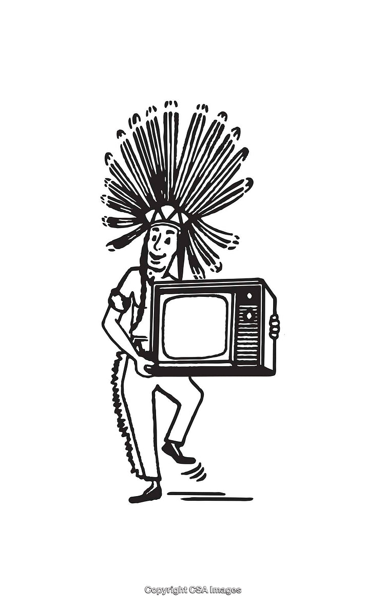 Line Art of Person with Headdress Carrying a Vintage Television