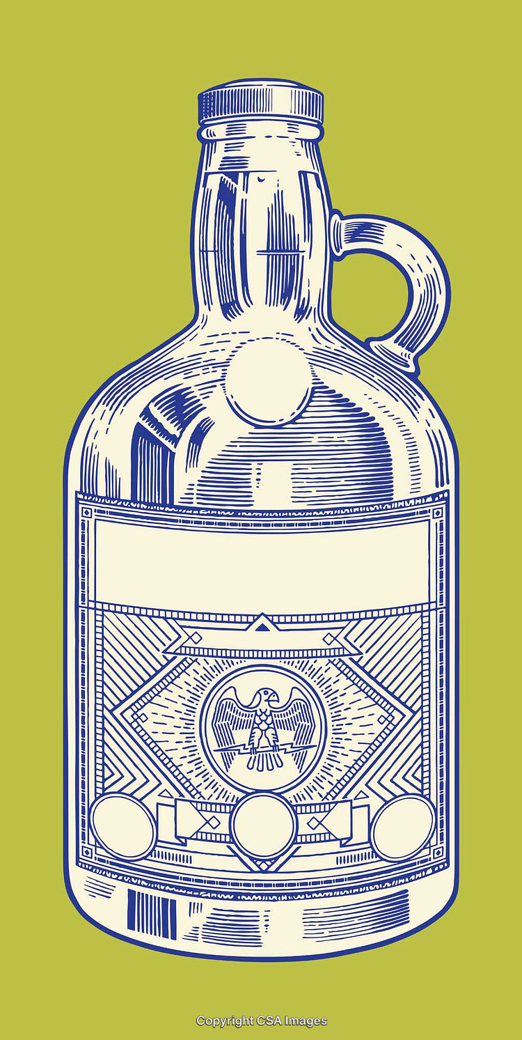 Vintage Styled Bottle Illustration in Blue Over a Green Background