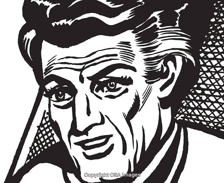 Vintage Black and White Illustration of a Male Face with Intricate Details