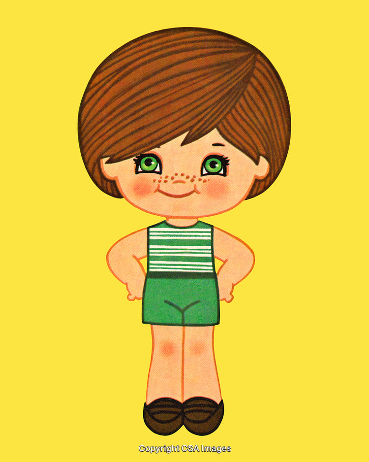Cartoon Illustration of Smiling Child in Green Outfit on Yellow Background