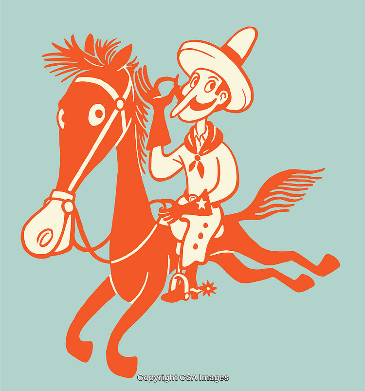 Colorful Illustration of a Cowboy Riding a Horse with Exuberant Energy